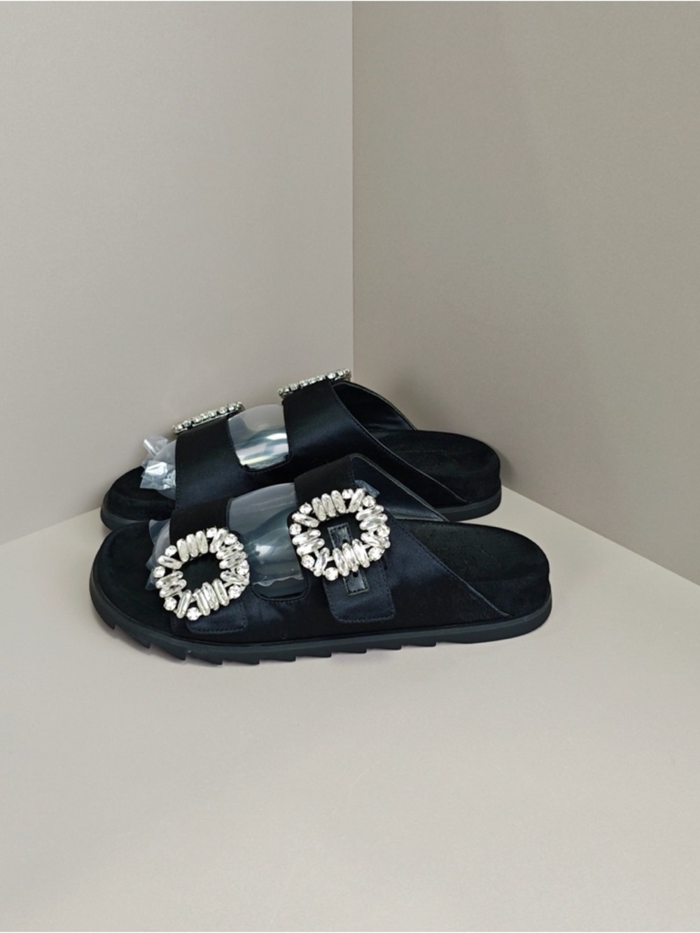 Roger Vivier Black Slide Mules with Crystal Buckles